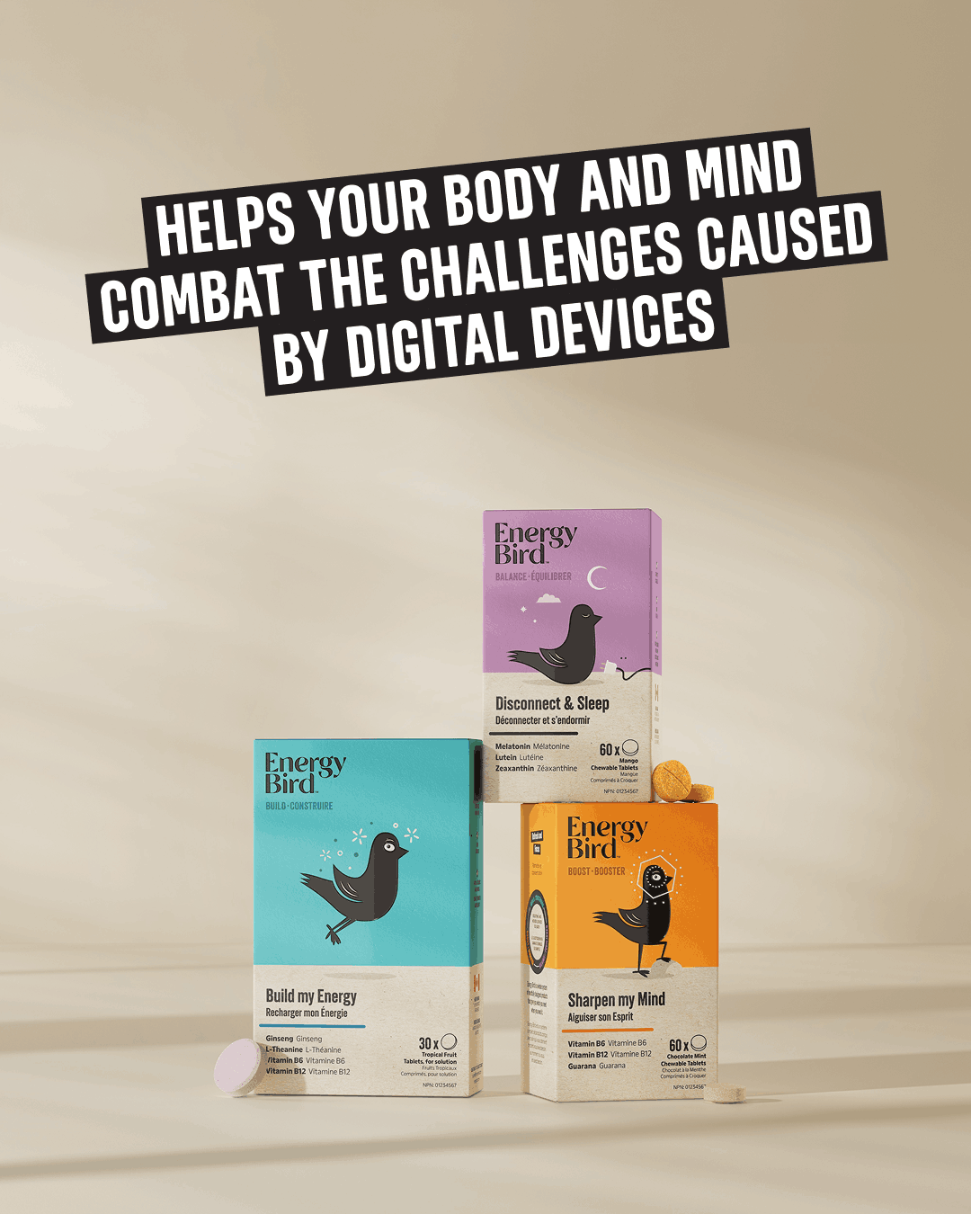 Energy Bird's Body Support System featuring products Build my Energy, Sharpen my Mind and Disconnect & Sleep