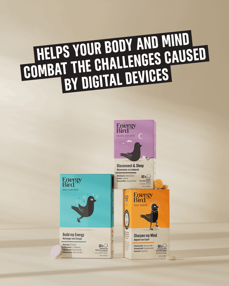 Energy Bird's Body Support System featuring products Build my Energy, Sharpen my Mind and Disconnect & Sleep