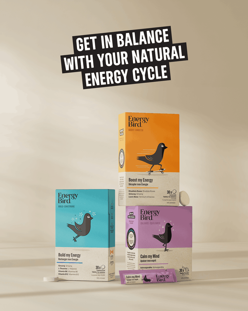 Energy Bird's Complete Balance System featuring products Build my Energy, Boost my Energy and Calm my Mind