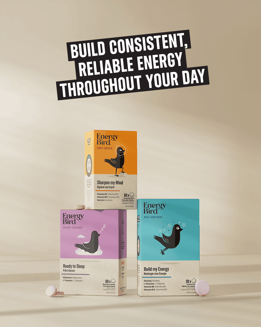 Energy Bird's Foundation Builder System featuring products Build my Energy, Sharpen my Mind and Ready to Sleep