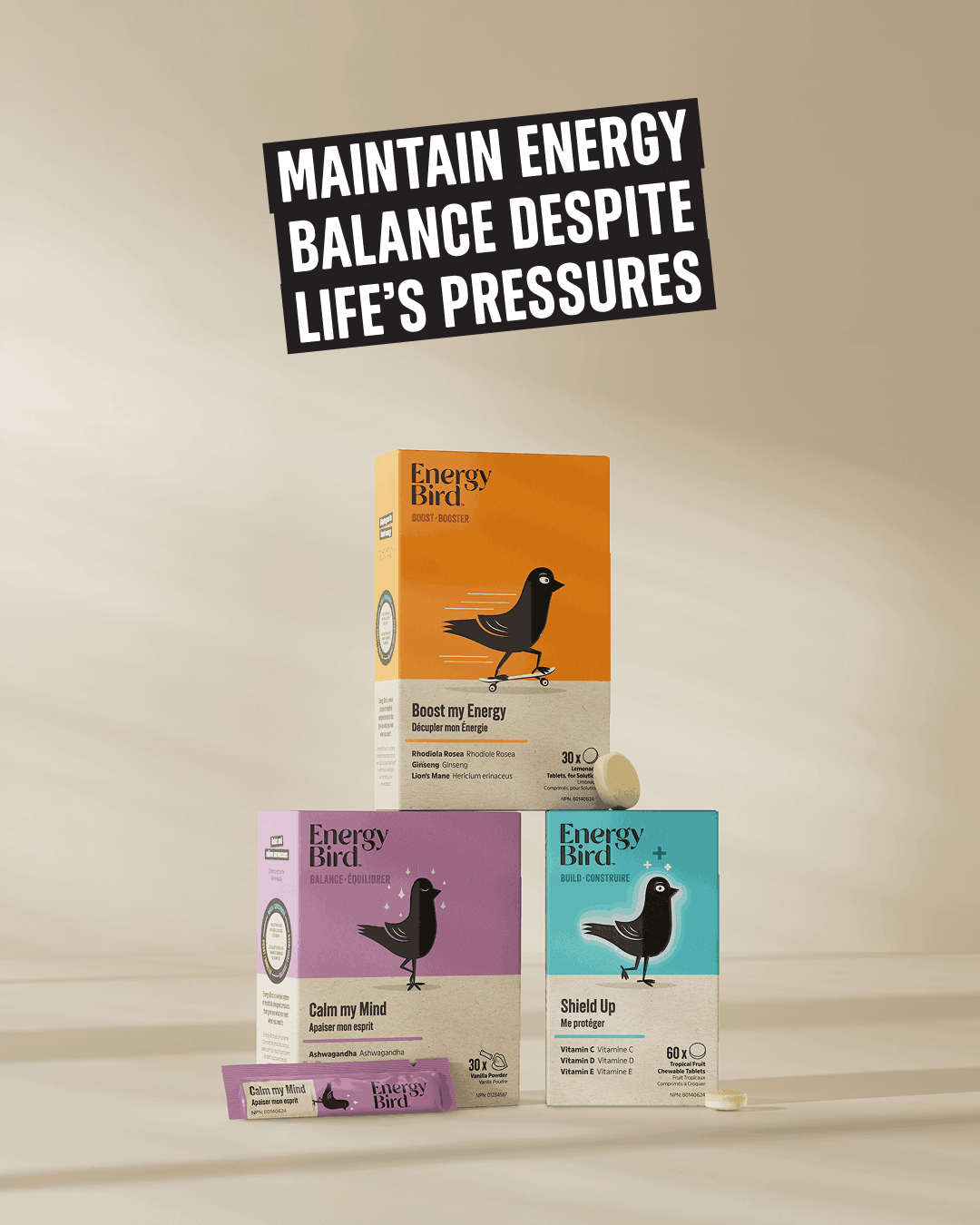 Energy Bird's Stress Adaptation System featuring products Shield Up, Boost my Energy, and Calm my Mind