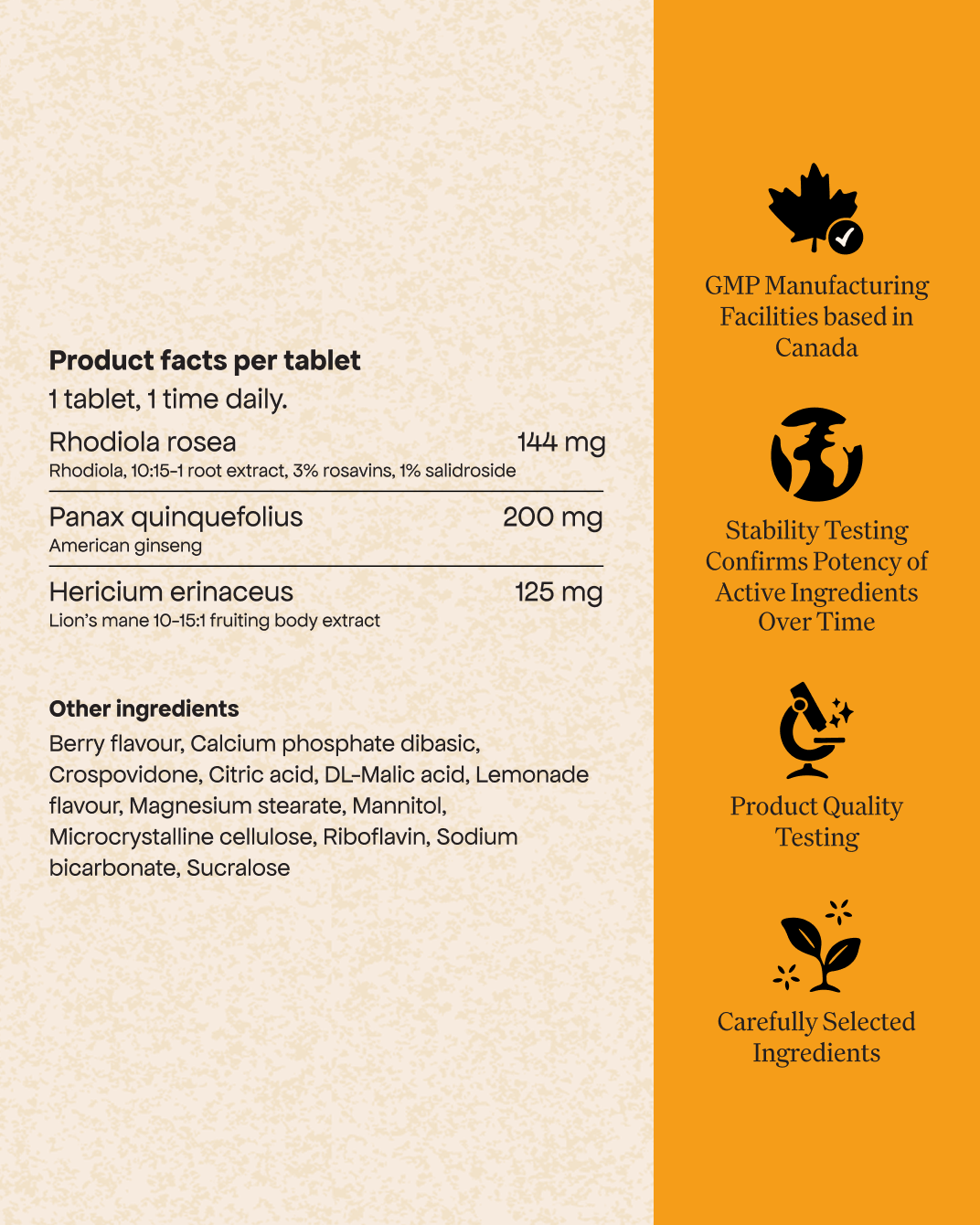 Each Energy Bird Boost My Energy Tabet contains 144mg of rhodiola rosea, 200mg of Panax quinquefolius, and 125mg of Hericium erinaceus