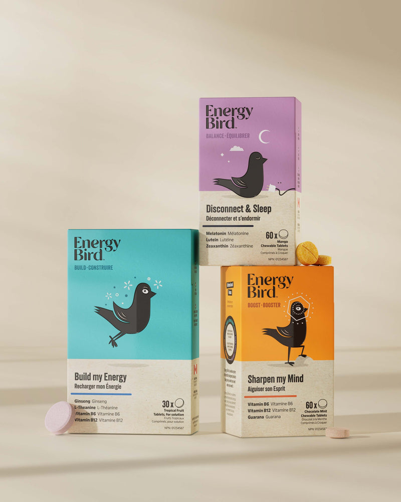 Energy Bird's Body Support System featuring products Build my Energy, Sharpen my Mind and Disconnect & Sleep