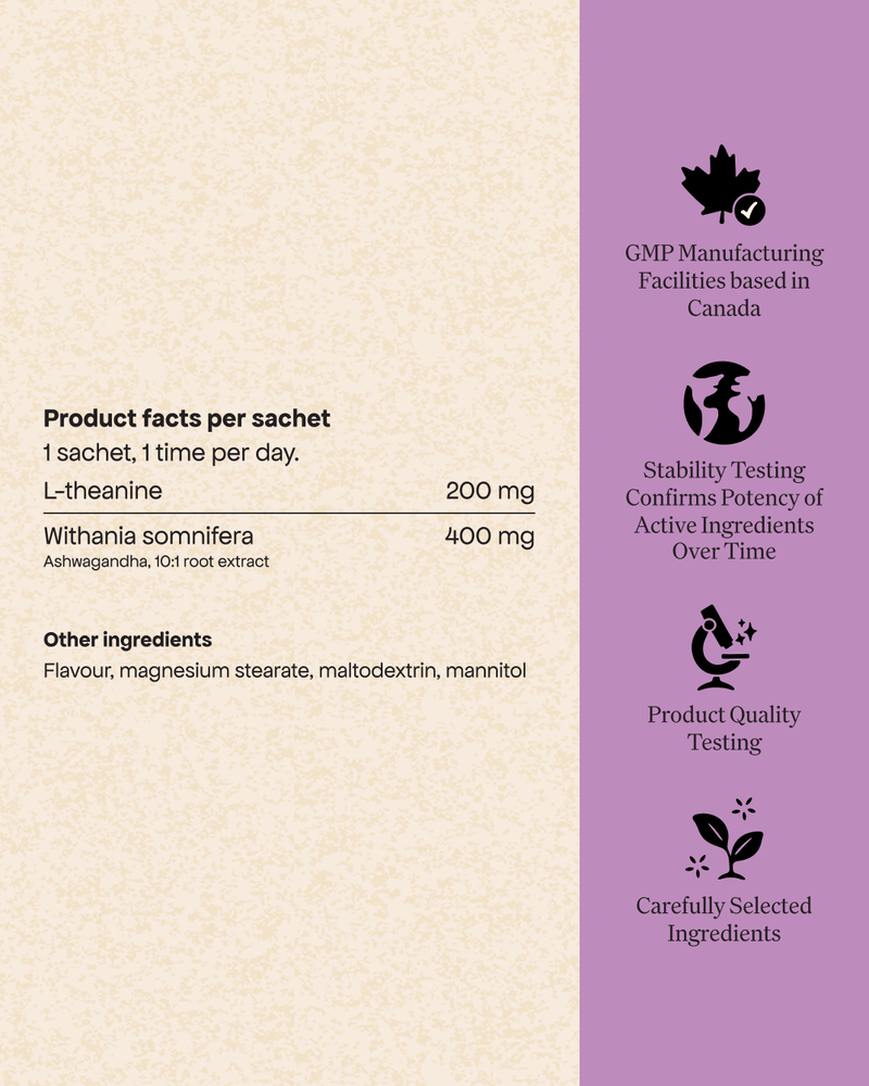 Each Energy Bird Calm my Mind Sachet contains 200mg of L-theanine and 400mg of Whitania somnifera. 