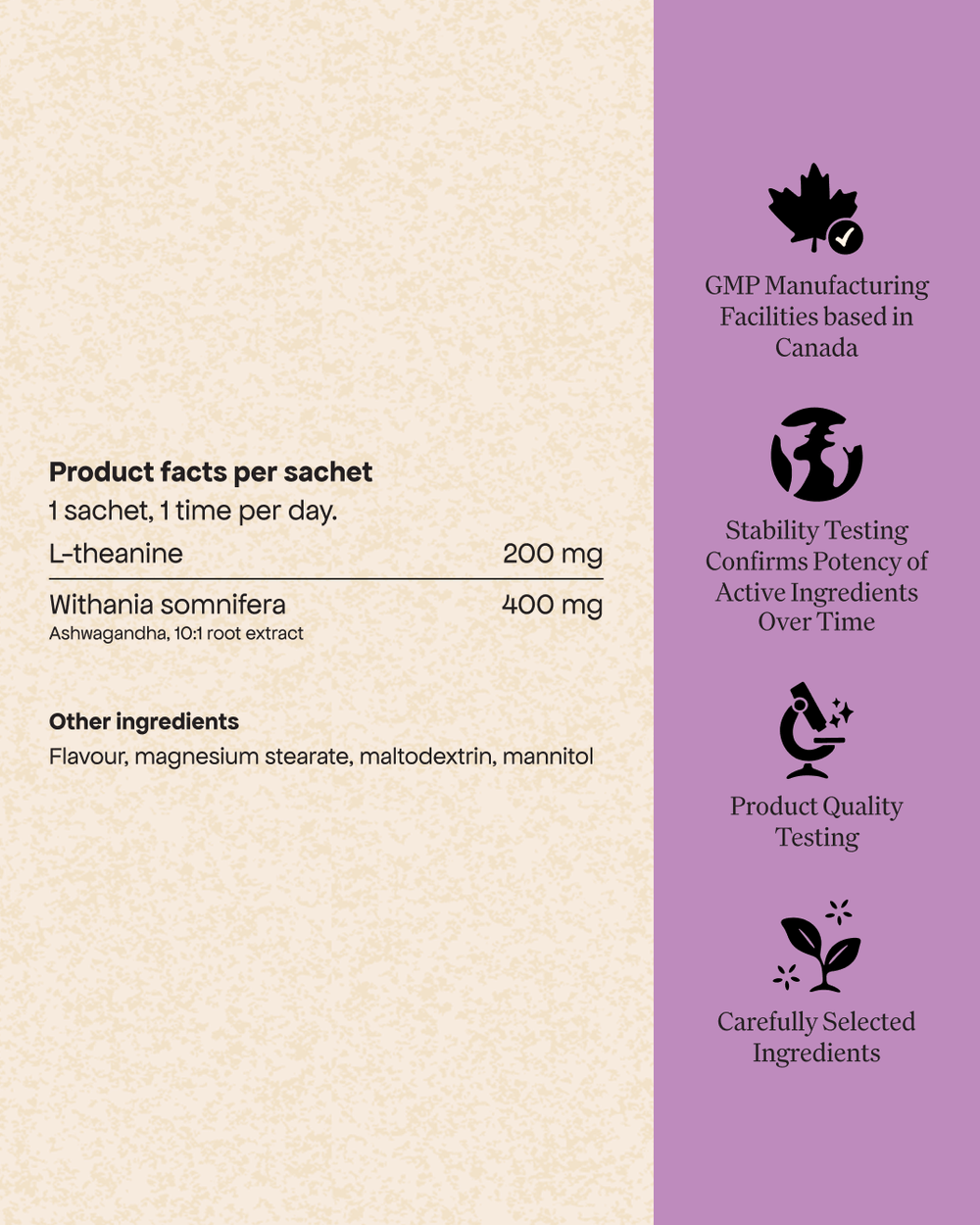 Chaque sachet Apaiser mon esprit par Energy Bird contient 200 mg de L-théanine et 400 mg de whitania somnifera.