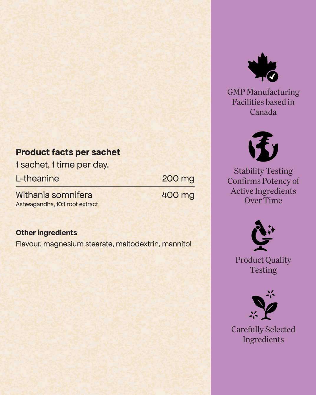 Each Energy Bird Calm my Mind Sachet contains 200mg of L-theanine and 400mg of Whitania somnifera. 