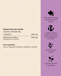 Each Energy Bird Calm my Mind Sachet contains 200mg of L-theanine and 400mg of Whitania somnifera. 