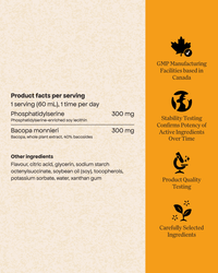 Chaque dose de 60 ml de Stimuler mon cerveau par Energy Bird contient 300 mg de phosphatidylsérine et 300 mg de bacopa monnieri.