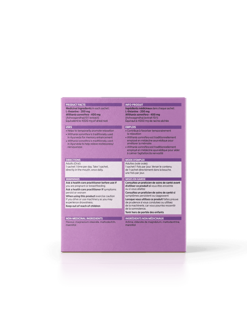 Dos de l'emballage Apaiser mon esprit par Energy Bird avec informations nutritionnelles