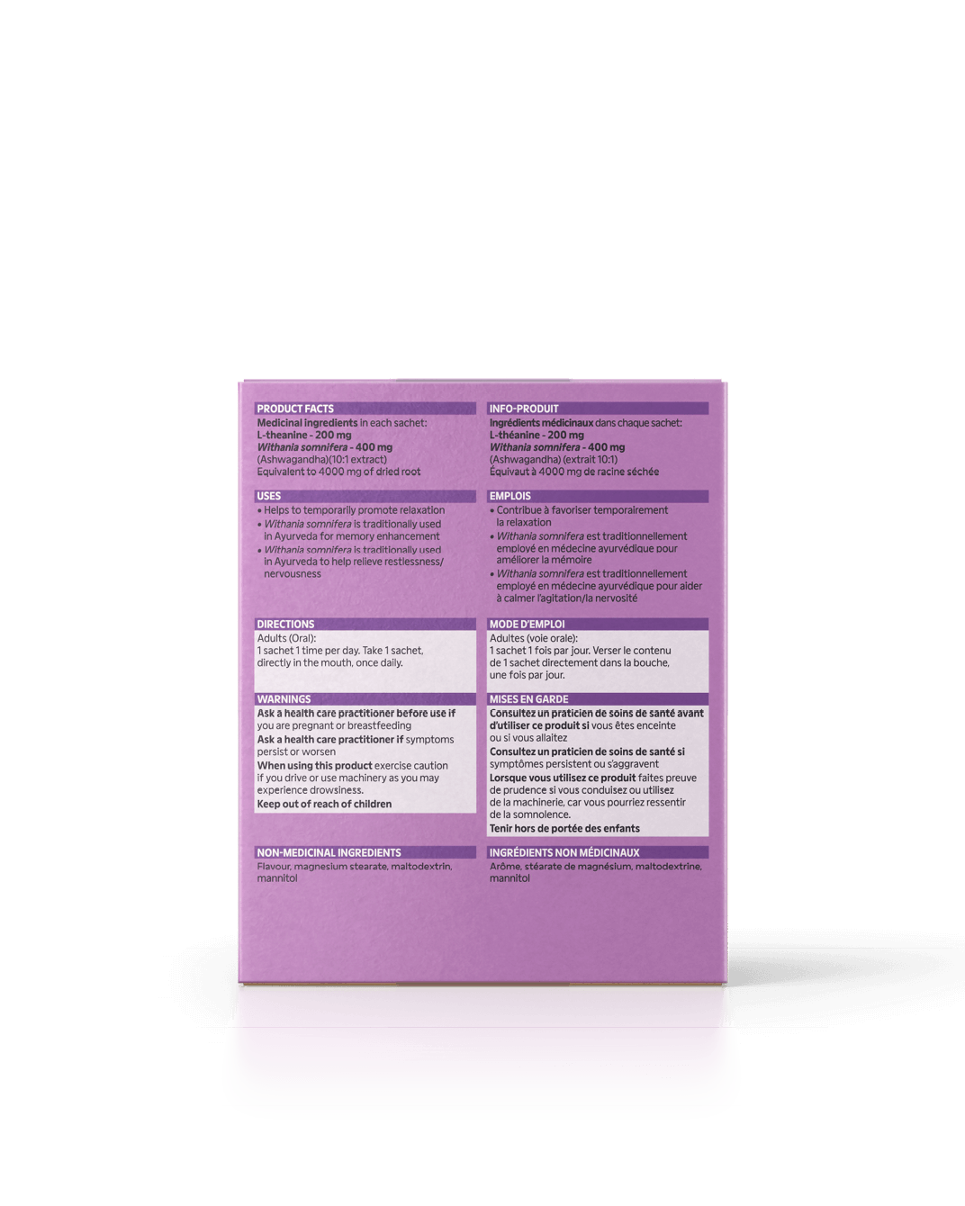 Energy Bird Calm my Mind back of package nutritional information.