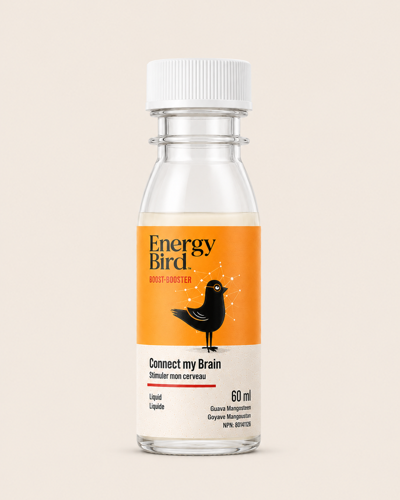 plastic bottle labeled 'Energy Bird' on a beige background