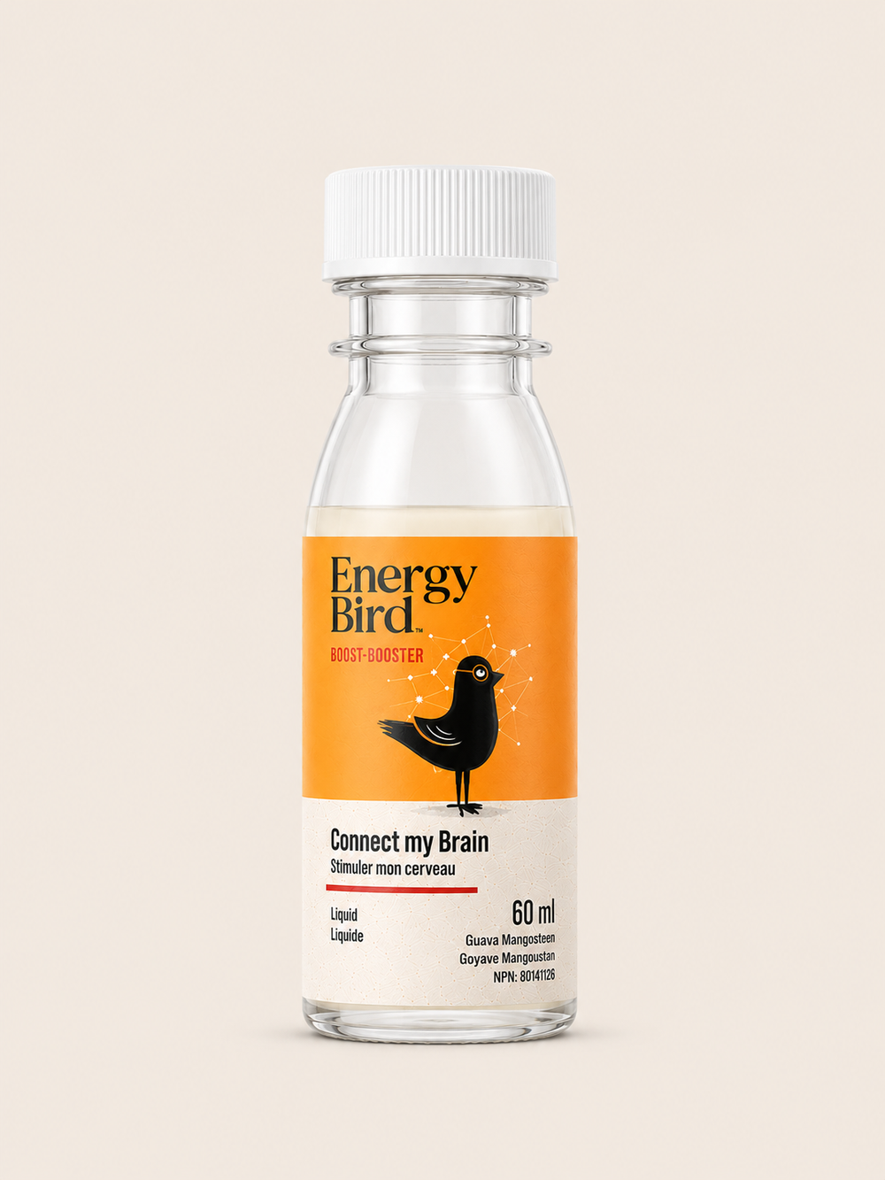 plastic bottle labeled 'Energy Bird' on a beige background