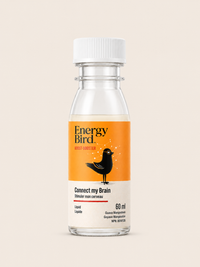 plastic bottle labeled 'Energy Bird' on a beige background