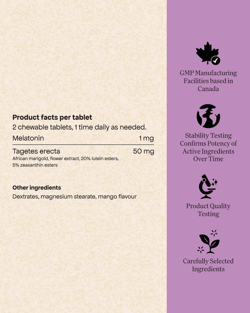Each Energy Bird Disconnect and Sleep Tablet contains 1mg of Melatonin and 50mg of Tagetes Erecta
