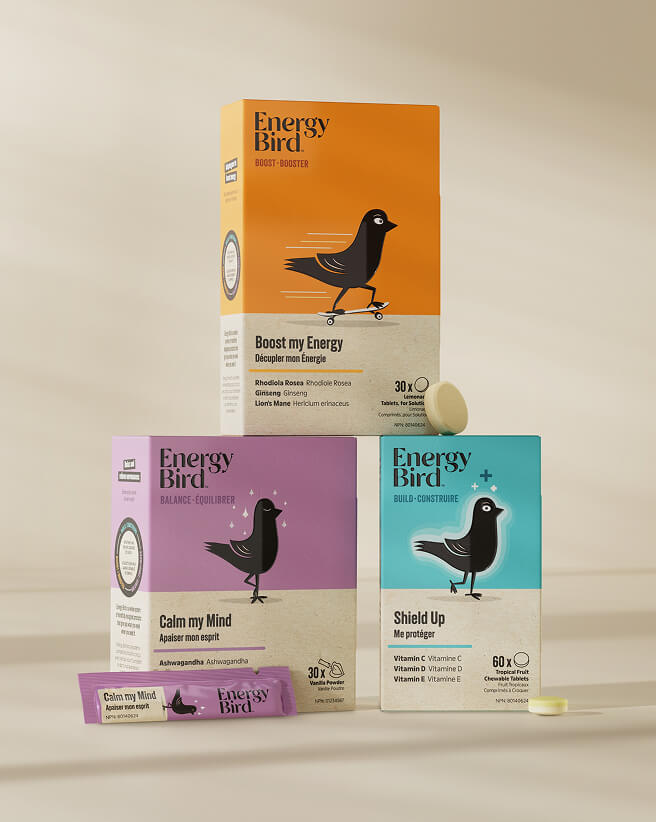 Energy Bird Stress Adaptation System
showcasing packaging and product format