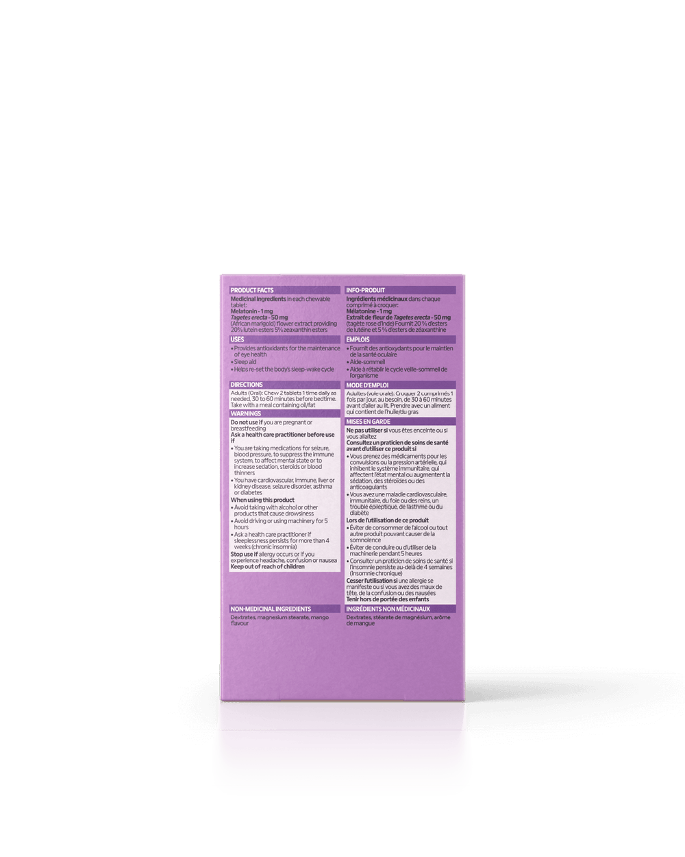 Dos de l'emballage Déconnecter et s’endormir par Energy Bird avec informations nutritionnelles