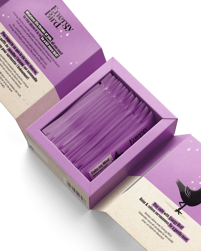 Energy Bird Calm my Mind Energy Bird opened with Stick Packs and inner packaging visible.