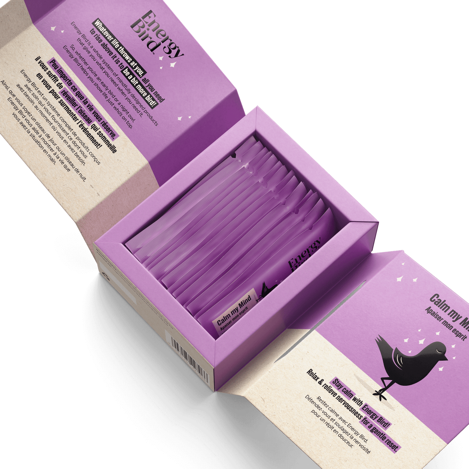Energy Bird Calm my Mind Energy Bird opened with Stick Packs and inner packaging visible.