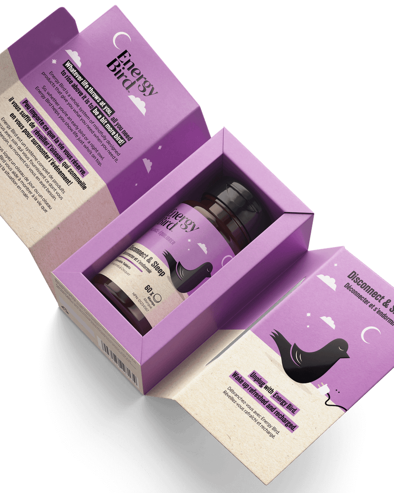 Energy Bird Disconnect and Sleep package opened, with bottle and inner packaging displayed
