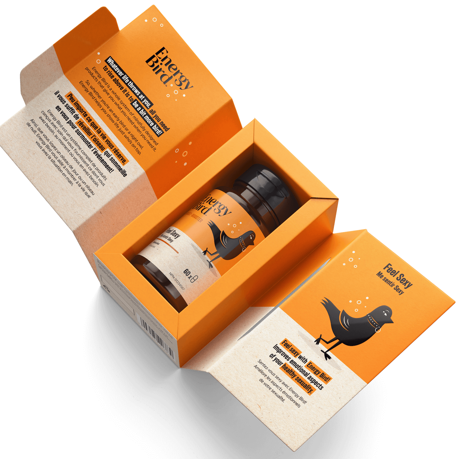 Energy Bird Feel Sexy opened with bottle and inner package visible