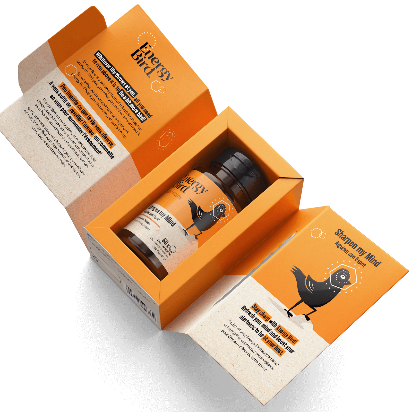 Energy Bird Sharpen My Mind opened with bottle and inner package visible