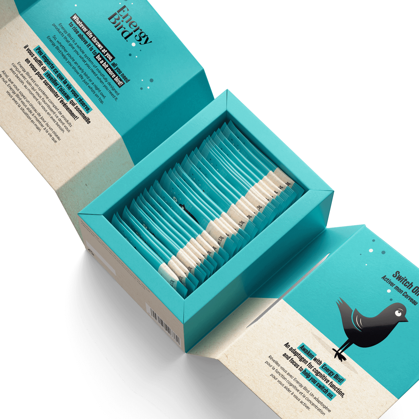 Energy Bird Switch On with open packaging showing sachets