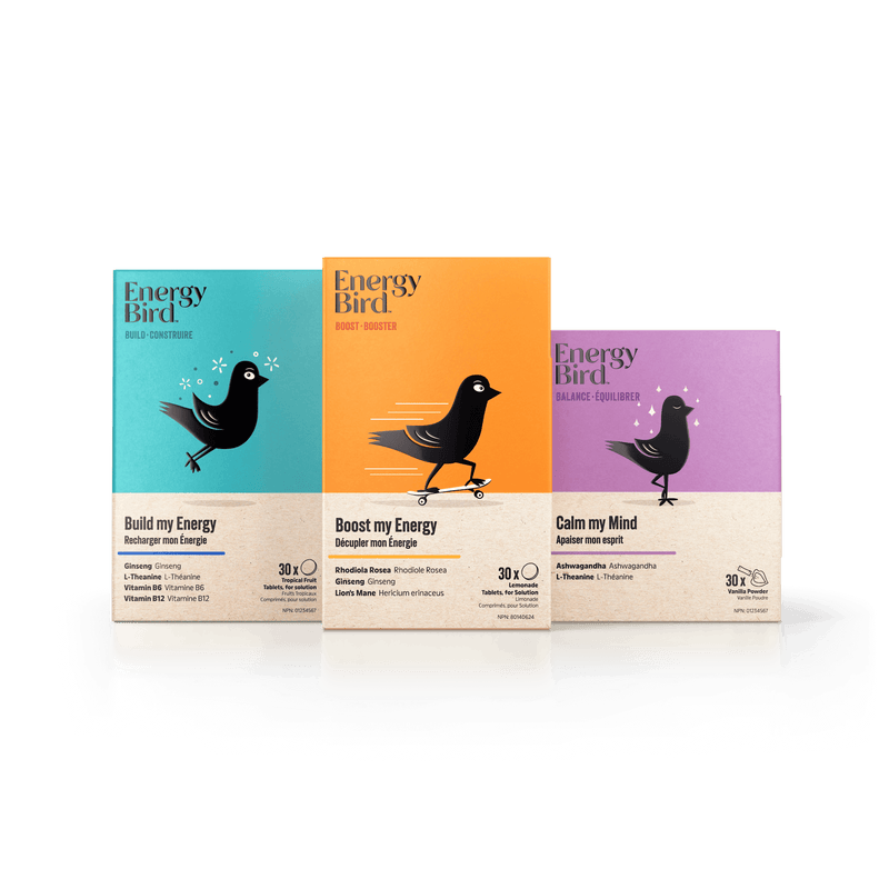 Energy Bird's Complete Balance System featuring products Build my Energy, Boost my Energy and Calm my Mind
