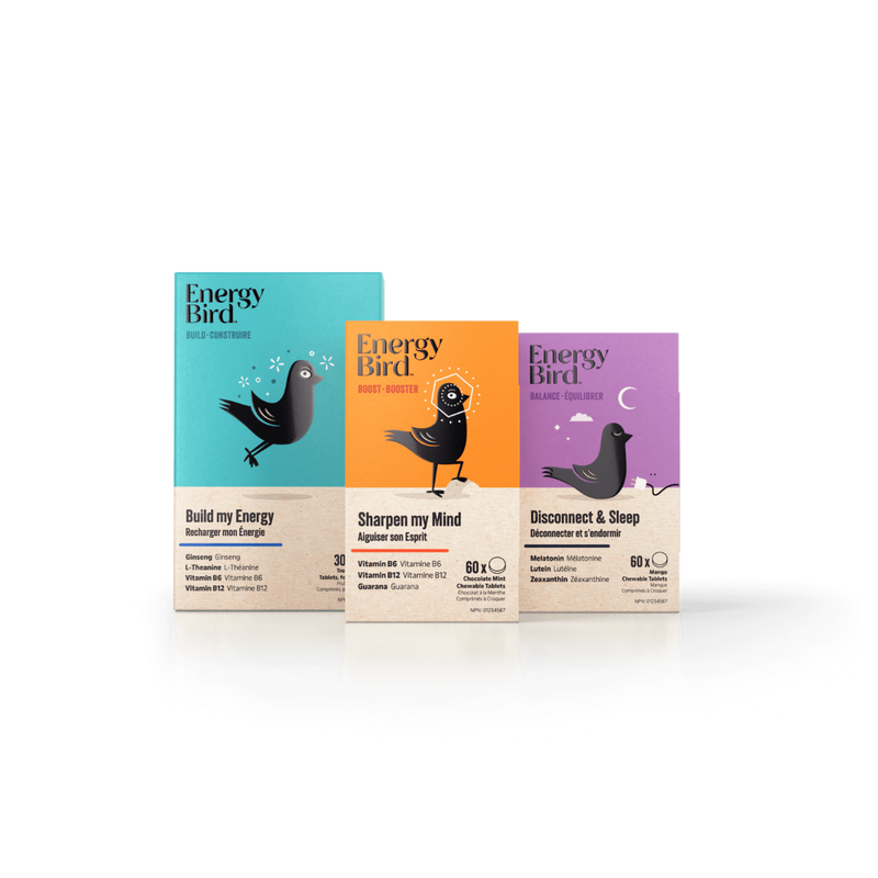 Energy Bird's Body Support System featuring products Build my Energy, Sharpen my Mind and Disconnect & Sleep
