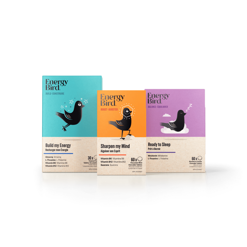 Energy Bird's Foundation Builder System featuring products Build my Energy, Sharpen my Mind and Ready to Sleep