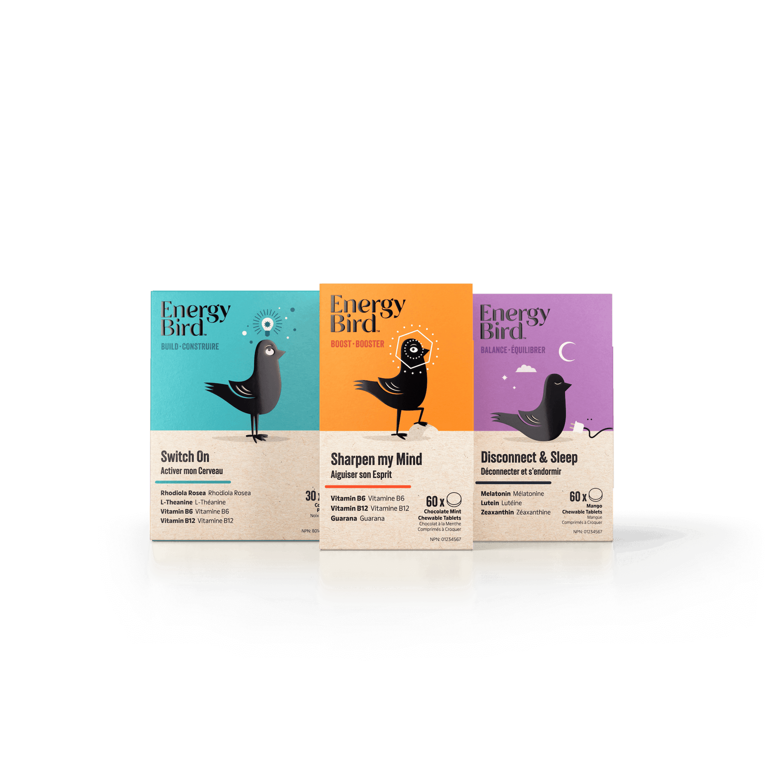 Energy Bird's Sleep Restoration System featuring products Switch On, Sharpen my Mind, and Disconnect & Sleep