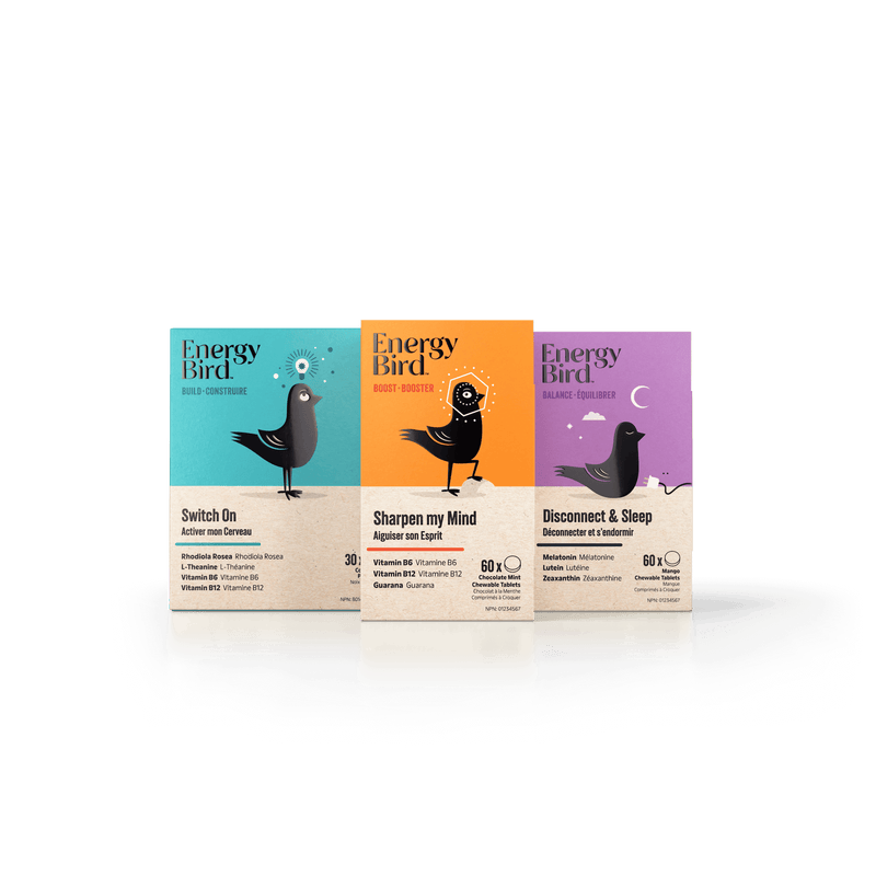 Energy Bird's Sleep Restoration System featuring products Switch On, Sharpen my Mind, and Disconnect & Sleep