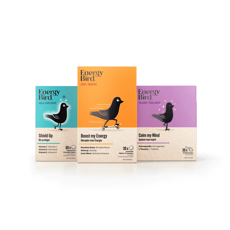 Energy Bird's Stress Adaptation System featuring products Shield Up, Boost my Energy, and Calm my Mind