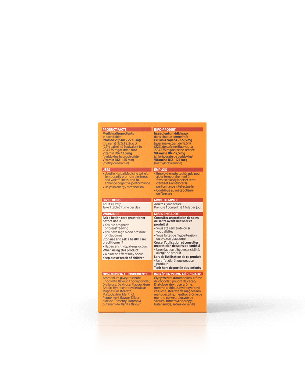 Dos de l'emballage du supplément Me sentir sexy par Energy Bird avec informations nutritionnelles.