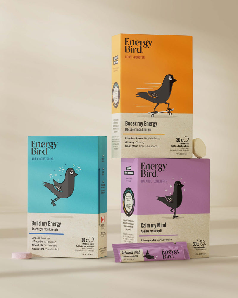 Energy Bird's Complete Balance System featuring products Build my Energy, Boost my Energy and Calm my Mind