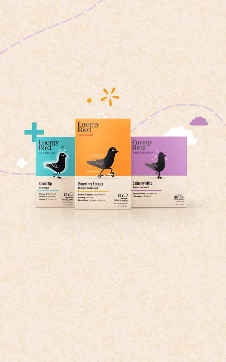 Energy Bird's Stress Adaptation System featuring products Shield Up, Boost my Energy and Calm my Mind