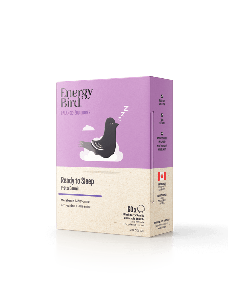 Energy Bird Ready to Sleep Supplement, side angle of package, 60 blackberry tablets.