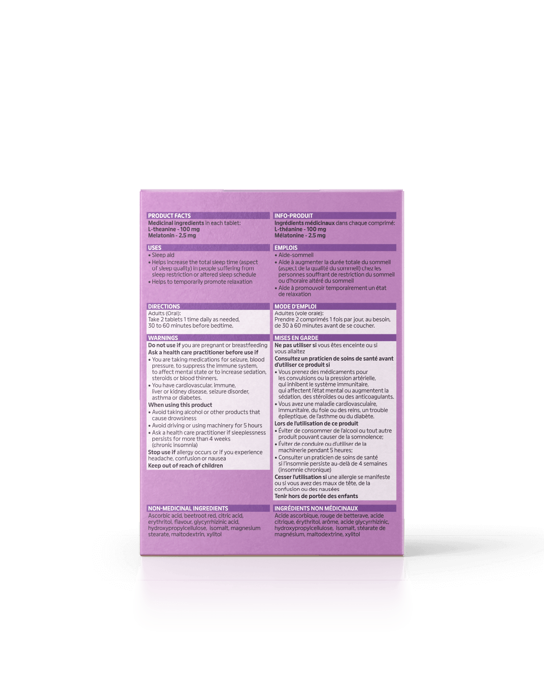 Informations sur le dos de l'emballage Prêt à dormir par Energy Bird.