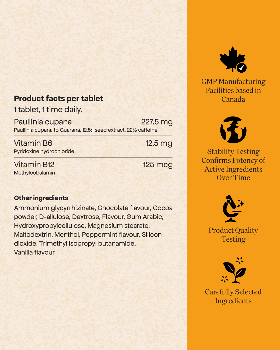 Each Energy Bird Sharpen my Mind Tablet contains 227.5mg of Paullinia Cupana, 12.5mg of Vitamin B6 and 125mcg of Vitamin B12. 