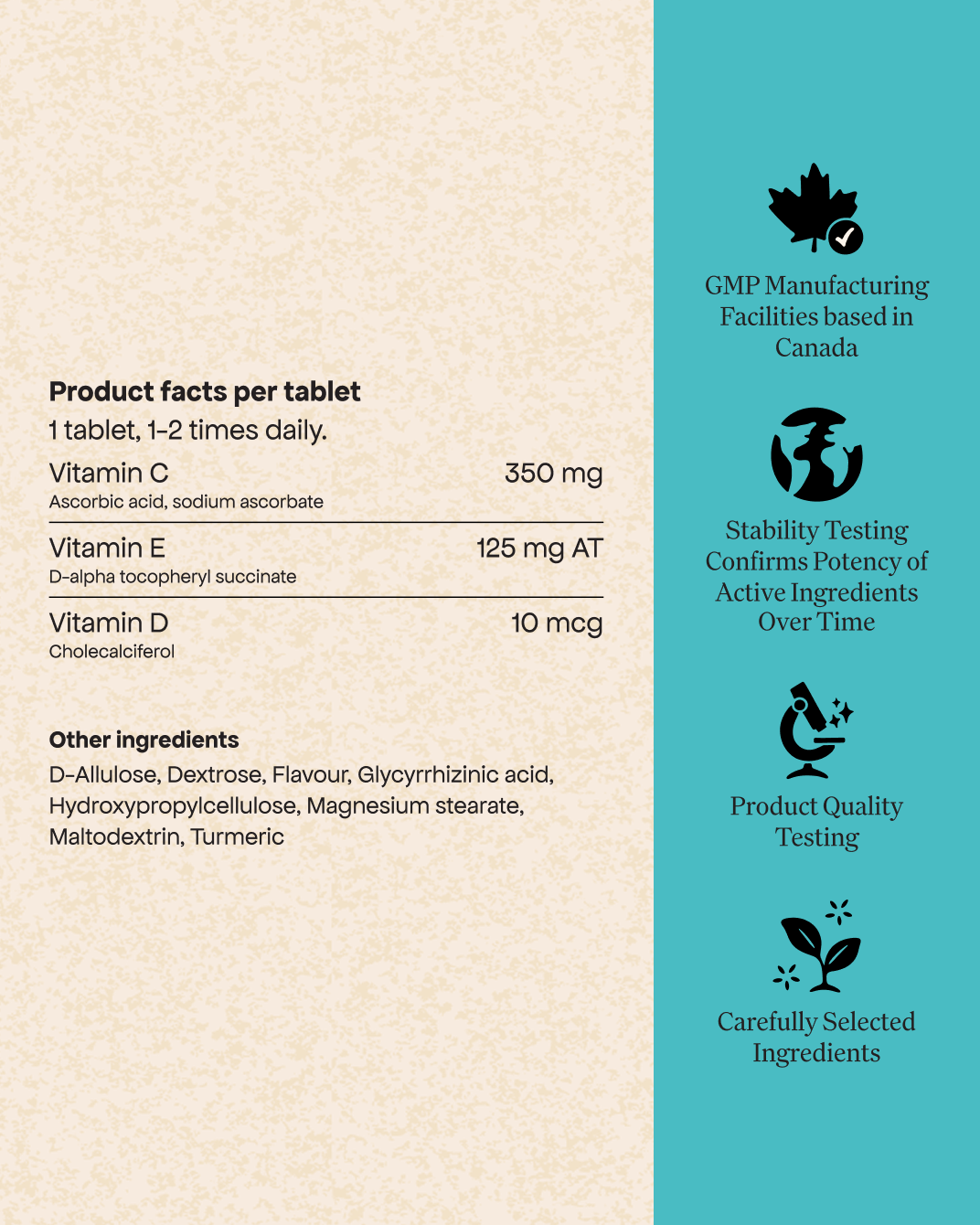 Each Energy Bird Shield Up tablet contains 350mg of Vitamin C, 125 mg of Vitamin E and 10mcg of Vitamin D. 