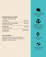 Each Energy Bird Switch On Sachet contains 200mg of L-Theanine, 144mg of Rhodiola, 50mg of Vitamin B6 and 50mcg of Vitamin B12.