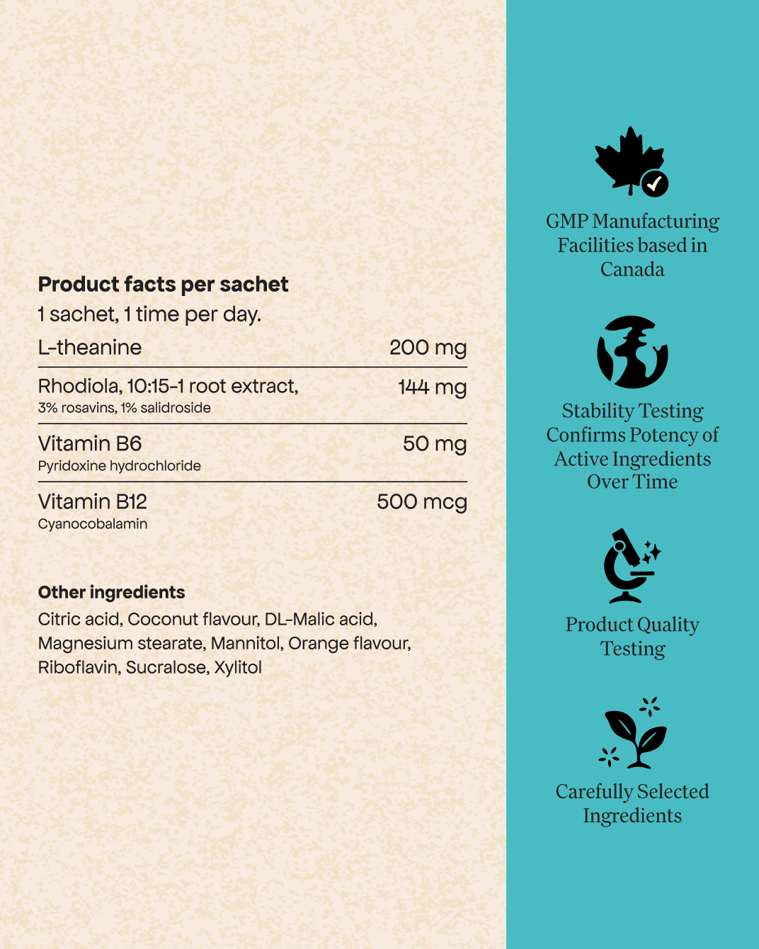 Each Energy Bird Switch On Sachet contains 200mg of L-Theanine, 144mg of Rhodiola, 50mg of Vitamin B6 and 50mcg of Vitamin B12.