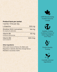 Each Energy Bird Switch On Sachet contains 200mg of L-Theanine, 144mg of Rhodiola, 50mg of Vitamin B6 and 50mcg of Vitamin B12.