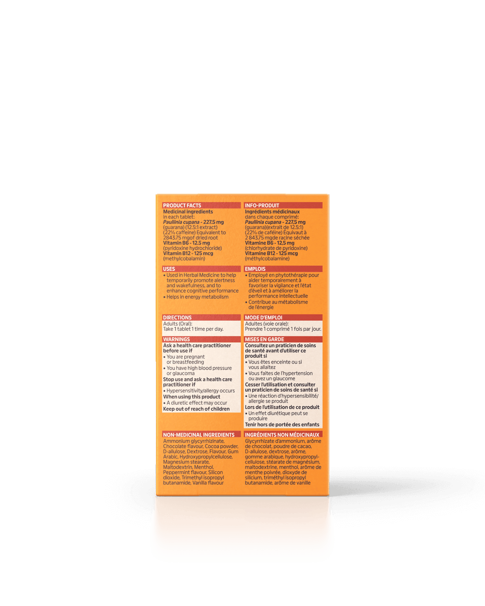 Dos de l'emballage Aiguiser mon esprit par Energy Bird avec informations nutritionnelles
