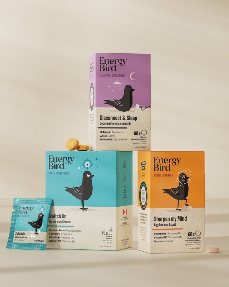 Energy Bird's Sleep Restoration System featuring products Switch On, Sharpen my Mind, and Disconnect & Sleep