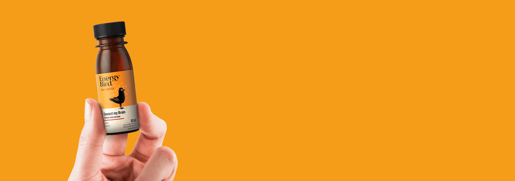 Energy Bird Connect My Brain Liquid Shot held over orange background